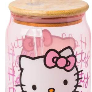 Sanrio Hello Kitty Waving Pink Glass Jar Tumbler with Bamboo Lid and Glass Straw, 16 Ounces