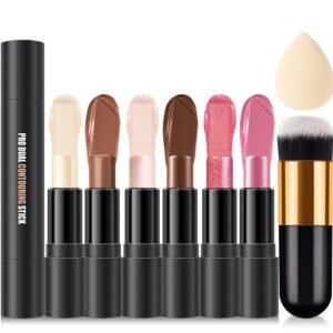 6 Colors Cream Contour Stick Makeup Kit,Shades with Highlighter Stick,Blush Stick and Bronzer Contour Stick for Sculpt the Cheeks,Long Lasting,Waterproof,Matte & Dewy Finish for Woman (SET A)