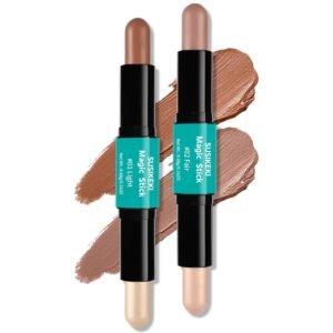 Contour Stick, 2Pcs Dual-Ended Highlighter Makeup Pen & Contouring Stick for Face Shaping, Long Lasting Waterproof Cream Bronzer & Highlight Sticks Make up Kit for All Skin Tones (01# + 02#)
